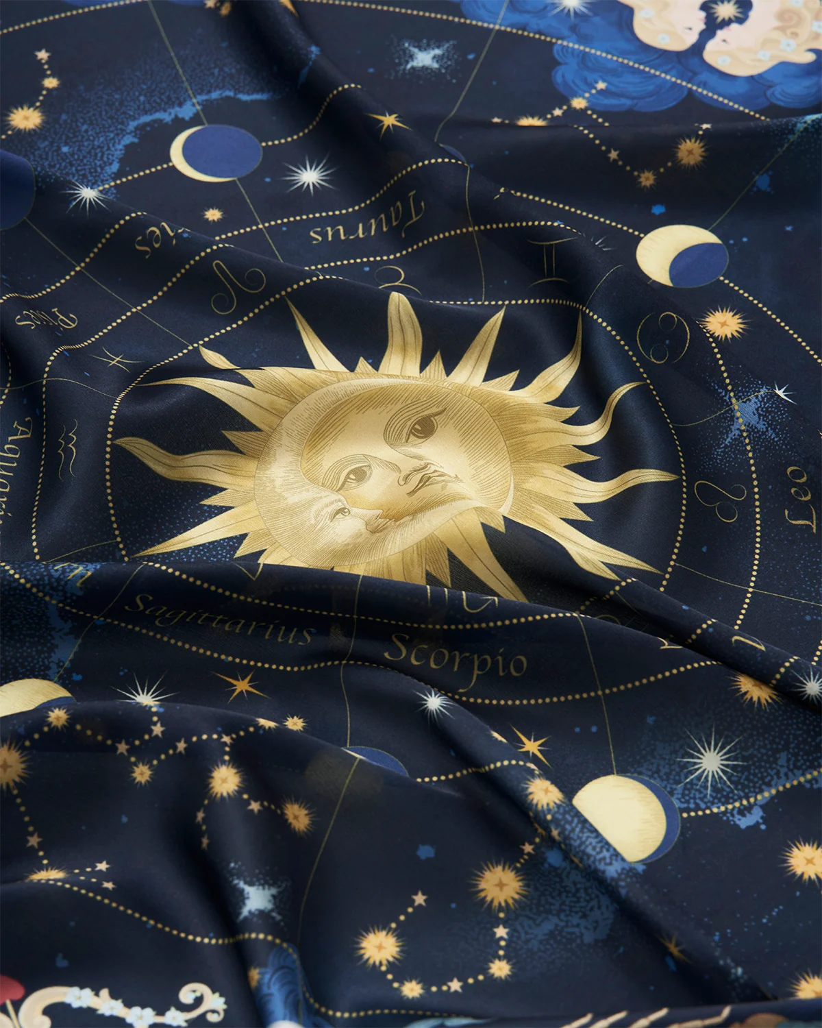 Fable Zodiac Square Scarf in Navy featuring illustrated zodiac signs and celestial sun artwork