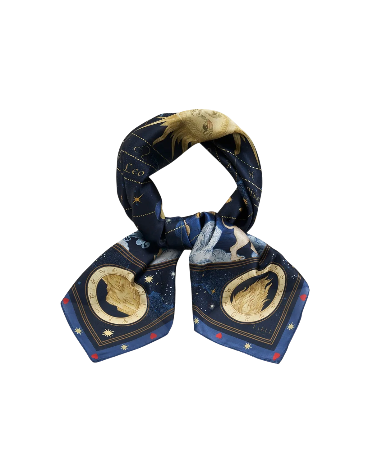 Fable Zodiac Square Scarf in Navy featuring illustrated zodiac signs and celestial sun artwork