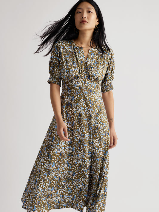 Seasalt Fenil Empire Line Midi Dress in Green and Blue Print