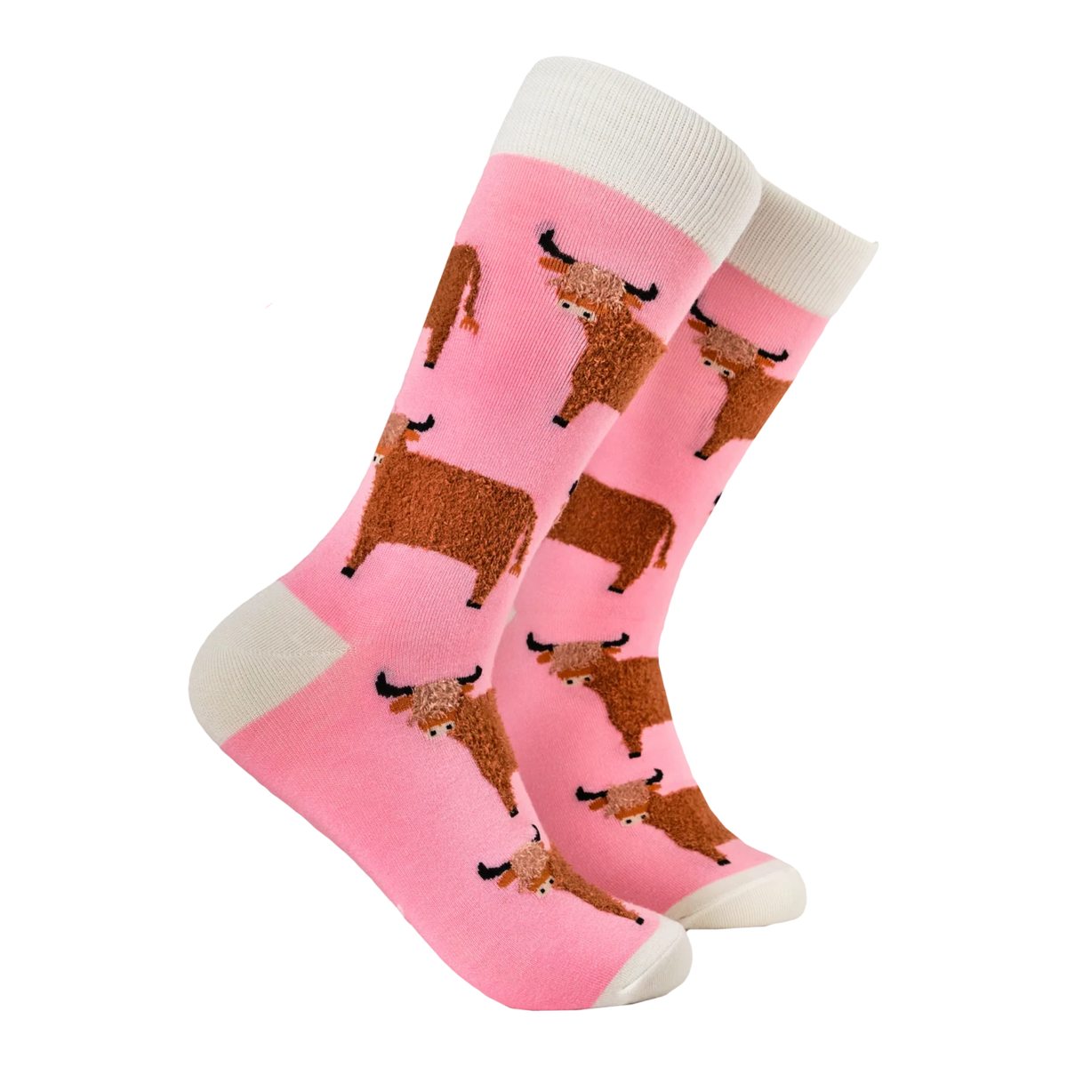 Socktopus Fluffy Wee Hairy Coo Socks featuring textured brown Highland cows on a vibrant background with off-white cuffs