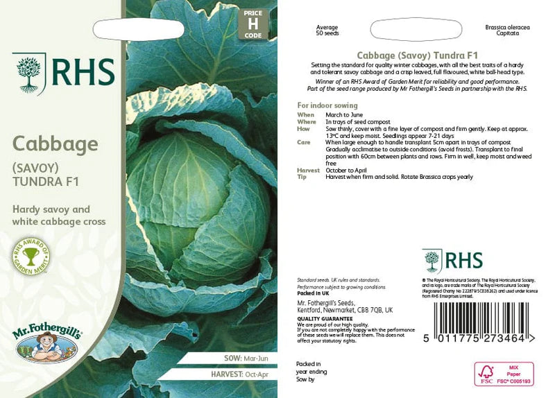 Fothergill's RHS Cabbage Savoy Tundra F1 Seeds