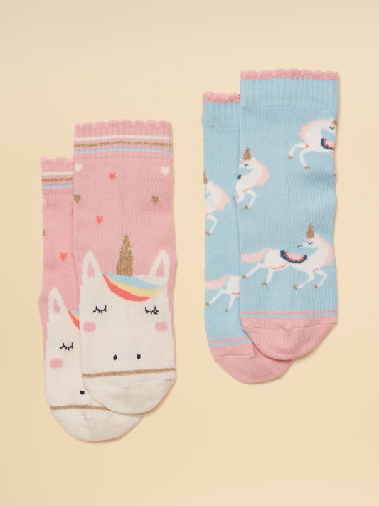 Joules Girls Eat Feet Socks 2-Pack showing two intarsia knit sock designs with ribbed cuffs.