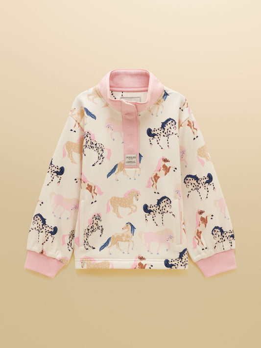 Girls' Joules Burnham funnel neck sweatshirt with front welt pockets, and a ribbed deep hem.