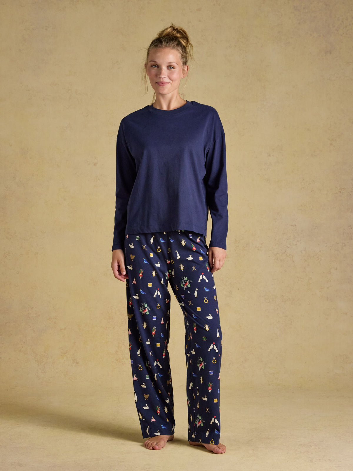 Joules Lyla Long Sleeve Jersey Cotton Pyjama Set with printed bottoms.