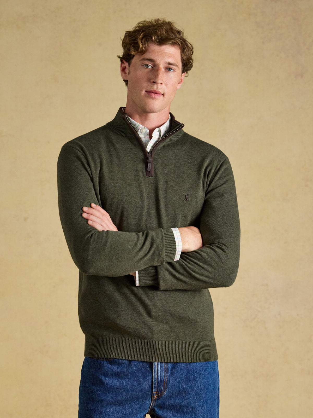 Joules Mens Classic Cotton Quarter Zip Jumper with funnel neck and faux leather zip pull