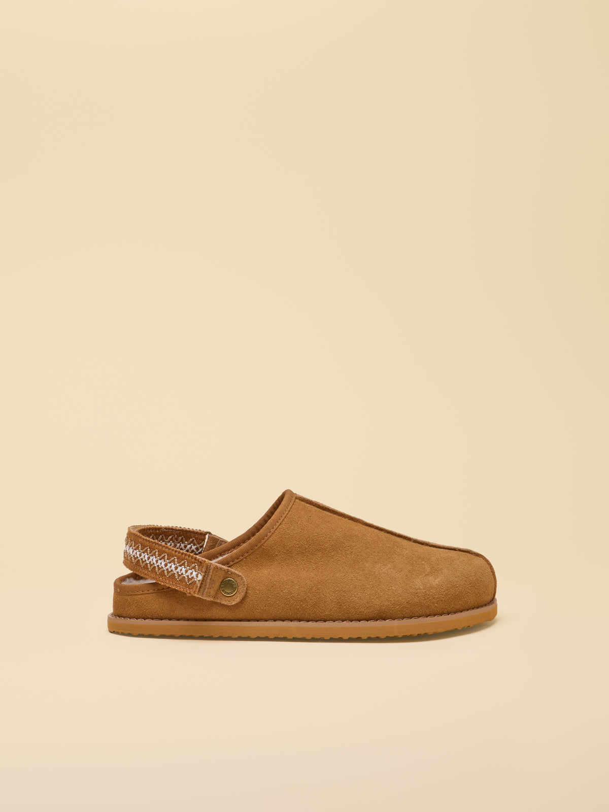 Joules Suede Faux Fur Lined Clogs in Chestnut Brown with adjustable heel strap.