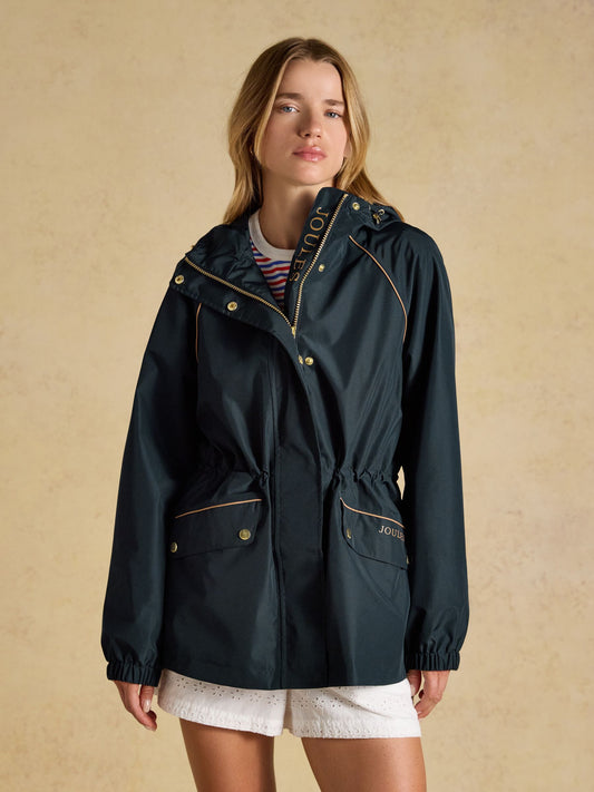 Joules Everdry Waterproof Packable Raincoat in a versatile design featuring a hood, waist adjusters, and a functional back storm flap.