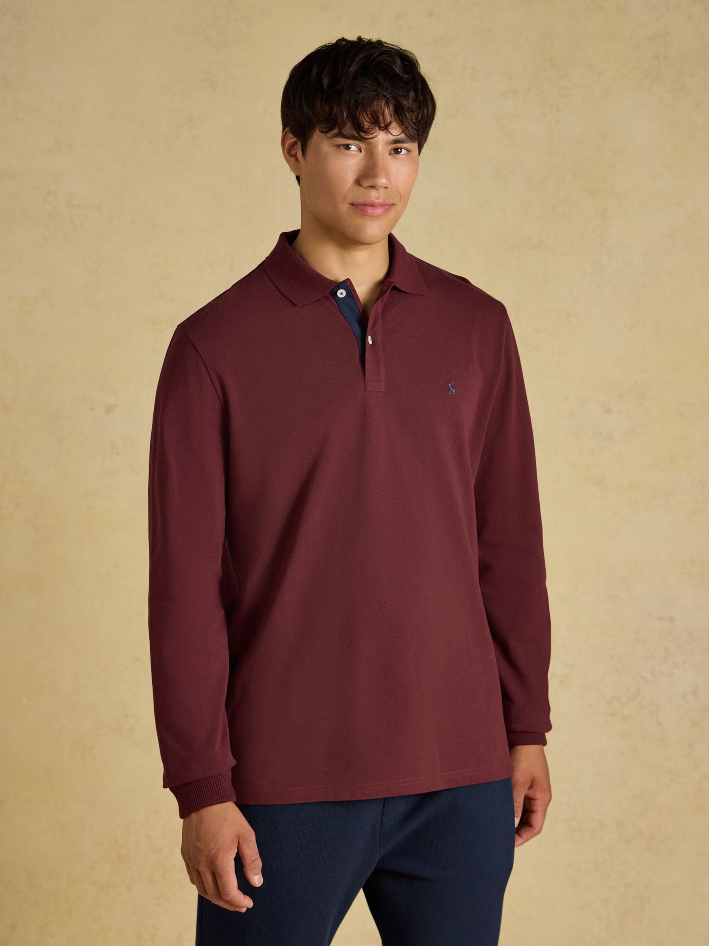 Joules Long-Sleeve Cotton Pique Polo Shirt with contrast under-collar detail and embroidered chest logo