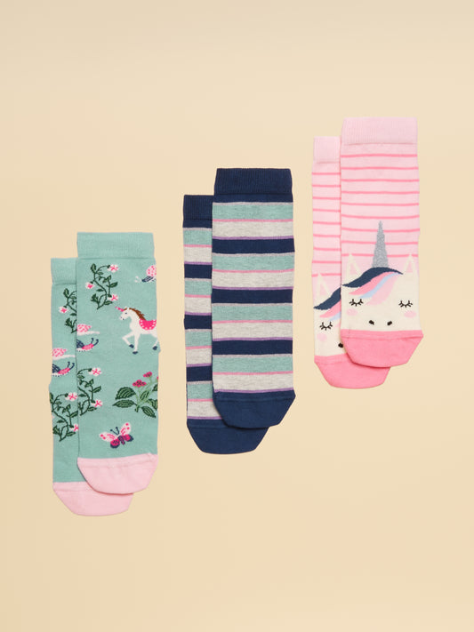 Joules Girls' Neat Feet 3-Pack Socks in Green/Pink