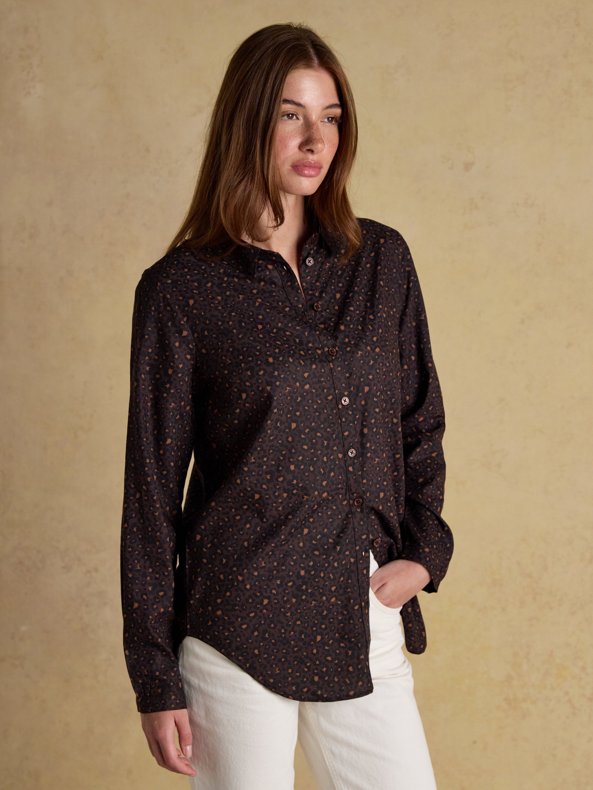 Joules Elvina Relaxed Fit Shirt in Brown Leopard Print