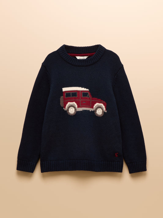 Joules Boys Cracking Intarsia Knit Jumper in Navy Blue