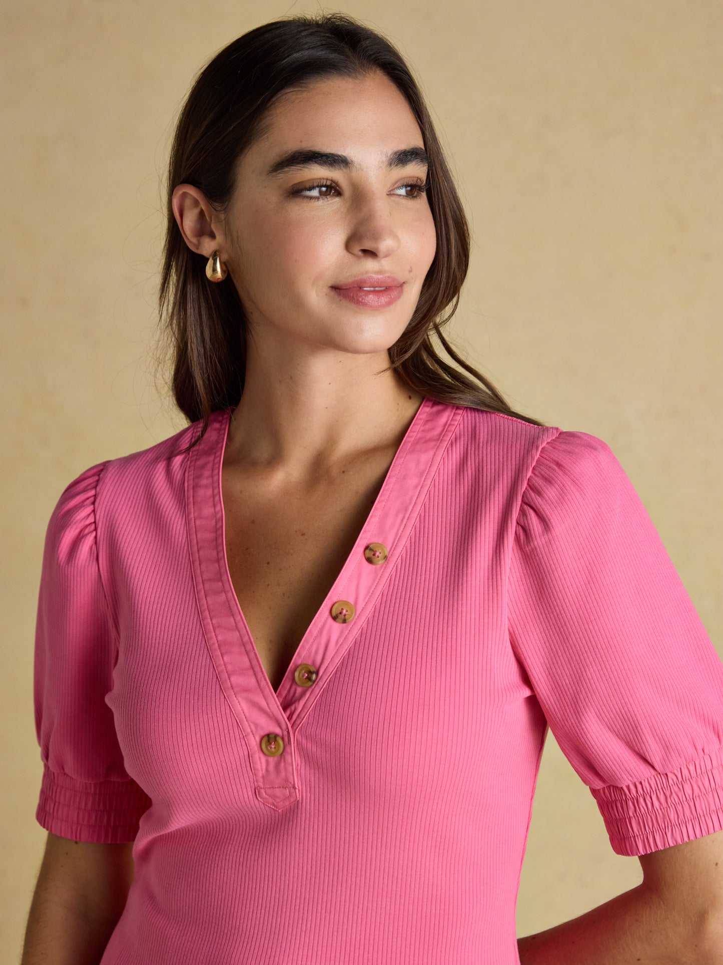 Joules Tabitha Ribbed V-Neck Top with Puff Sleeves