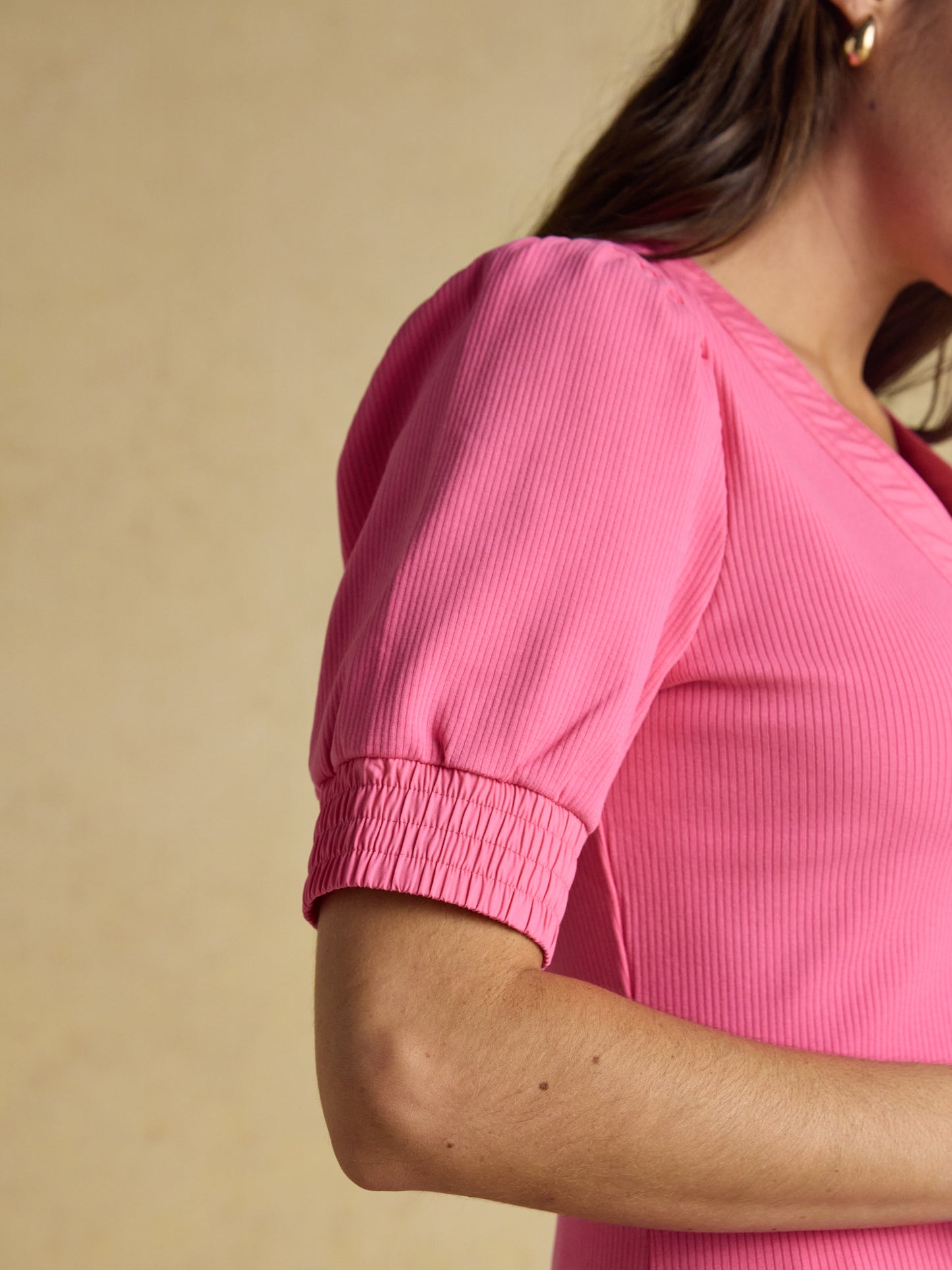 Joules Tabitha Ribbed V-Neck Top with Puff Sleeves