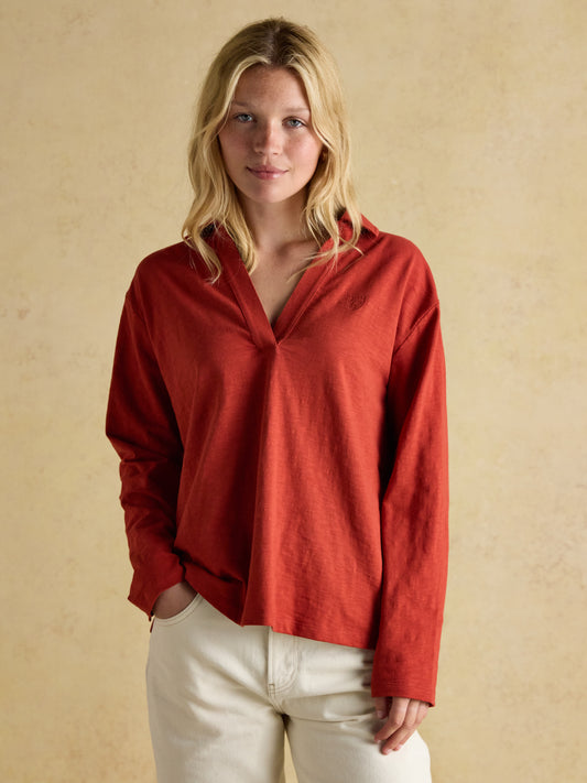 Joules Tallie Combed Cotton Slub Collared Top in Red