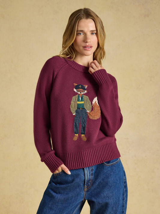 Joules Womens Jonty Fox Crew Neck Knitted Jumper featuring fox intarsia artwork and embroidery.