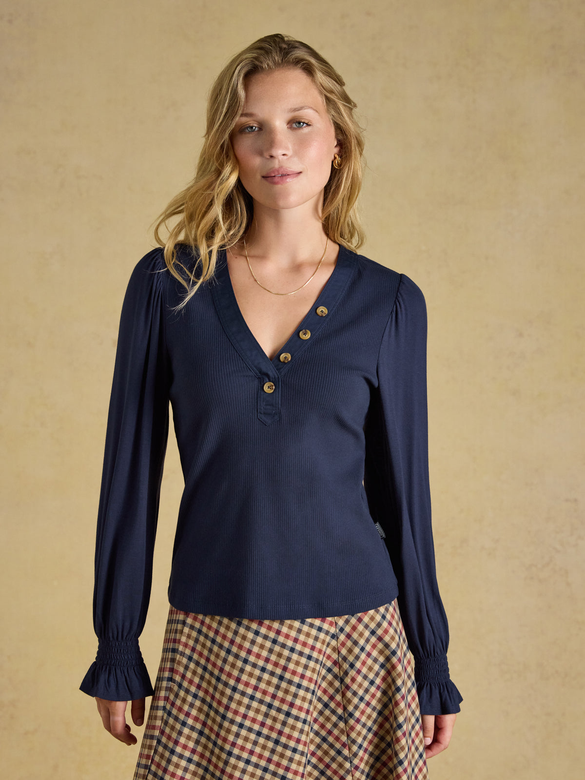 Joules Eloise ribbed cotton jersey top with viscose sleeves and V-neckline.
