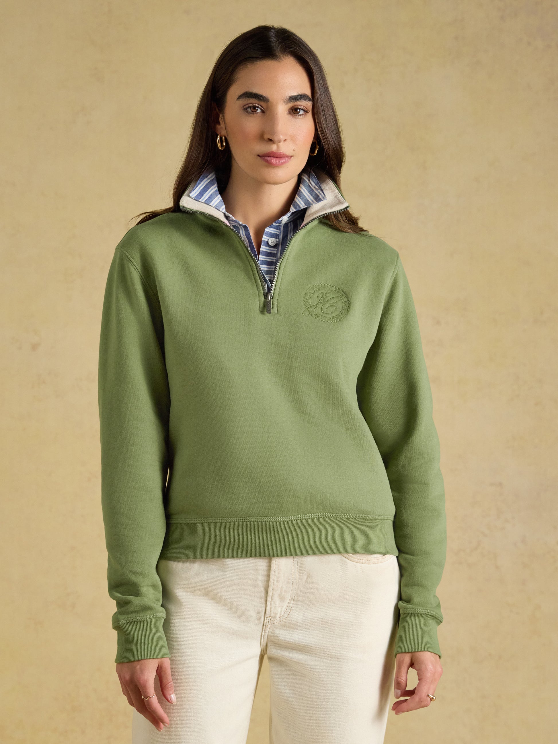 Joules womens embroidered quarter zip sweatshirt in navy with contrast oat collar