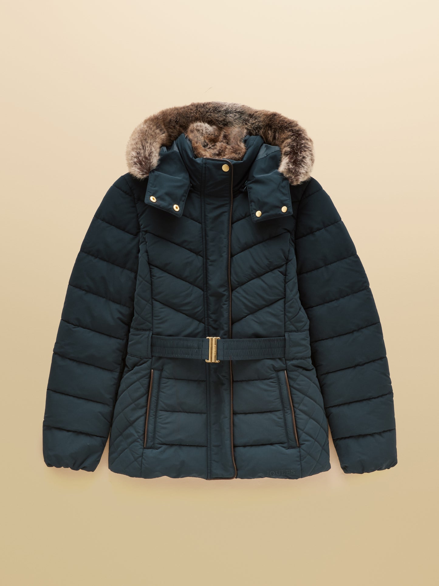 Joules Aspen Women's Showerproof Padded Coat with Faux Fur Hood