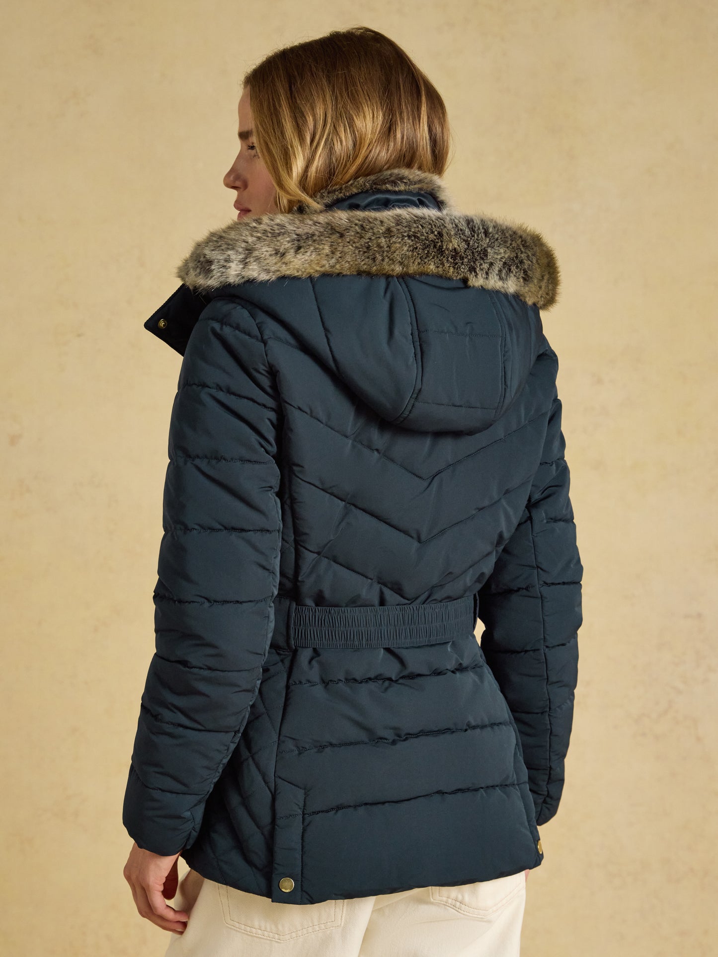 Joules Aspen Women's Showerproof Padded Coat with Faux Fur Hood