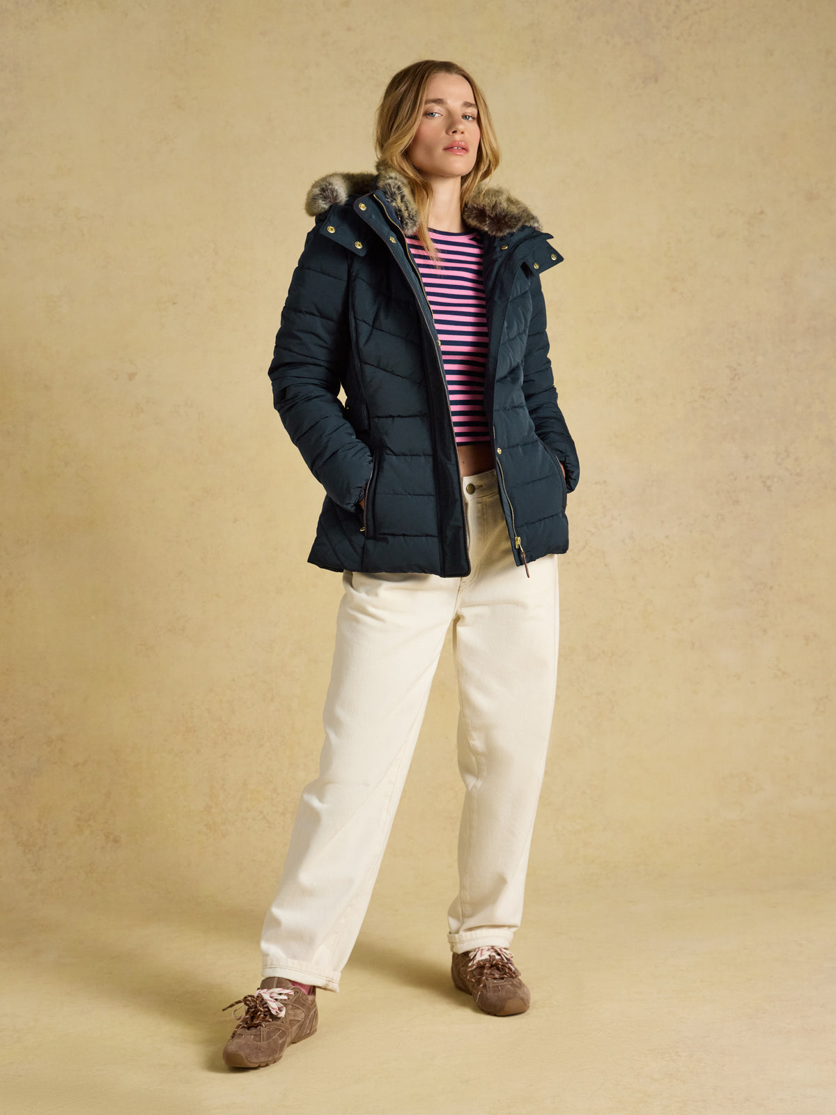 Joules Aspen Women's Showerproof Padded Coat with Faux Fur Hood