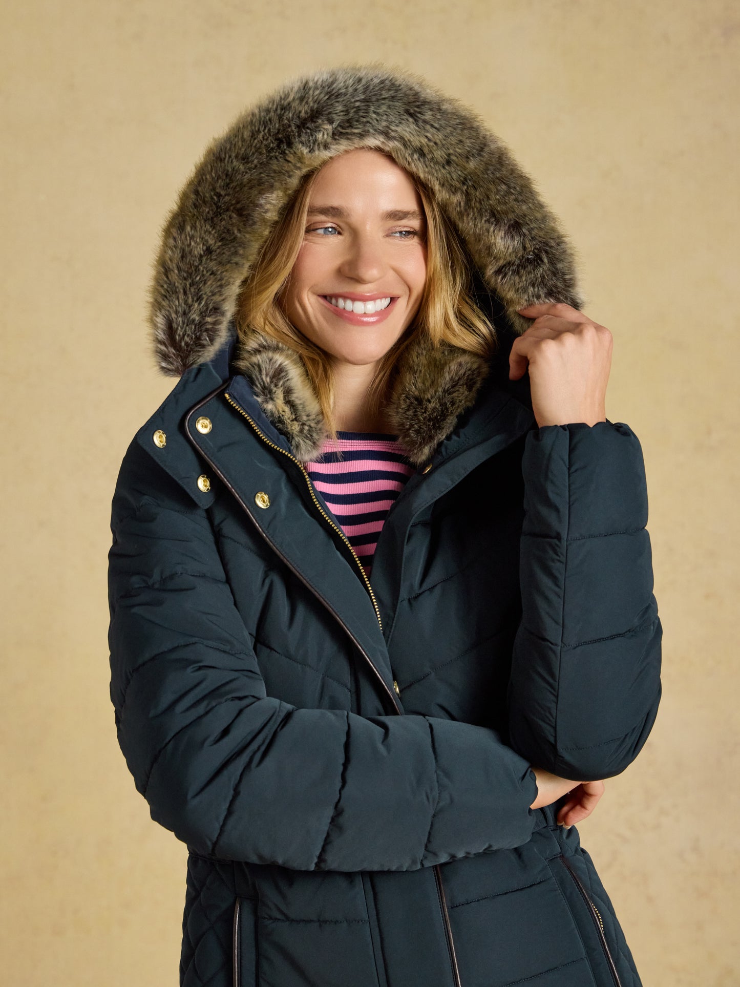 Joules Aspen Women's Showerproof Padded Coat with Faux Fur Hood
