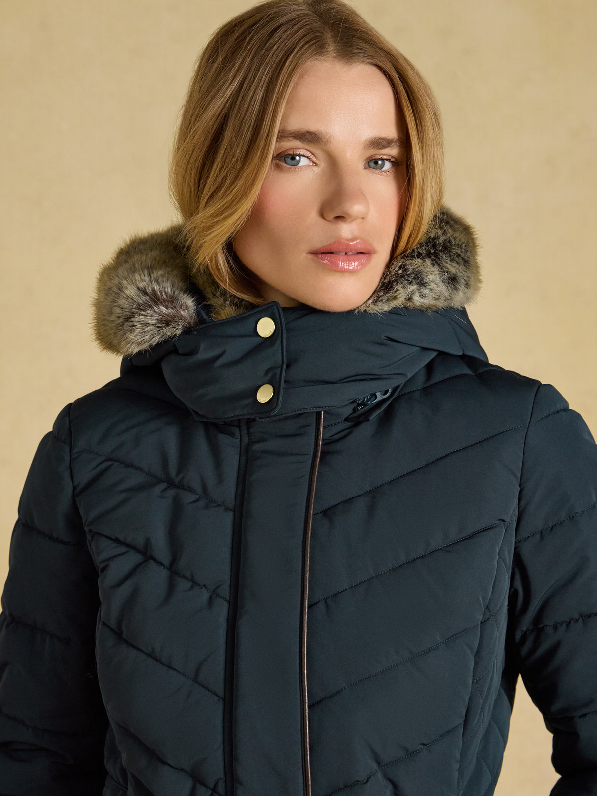 Joules Aspen Women's Showerproof Padded Coat with Faux Fur Hood