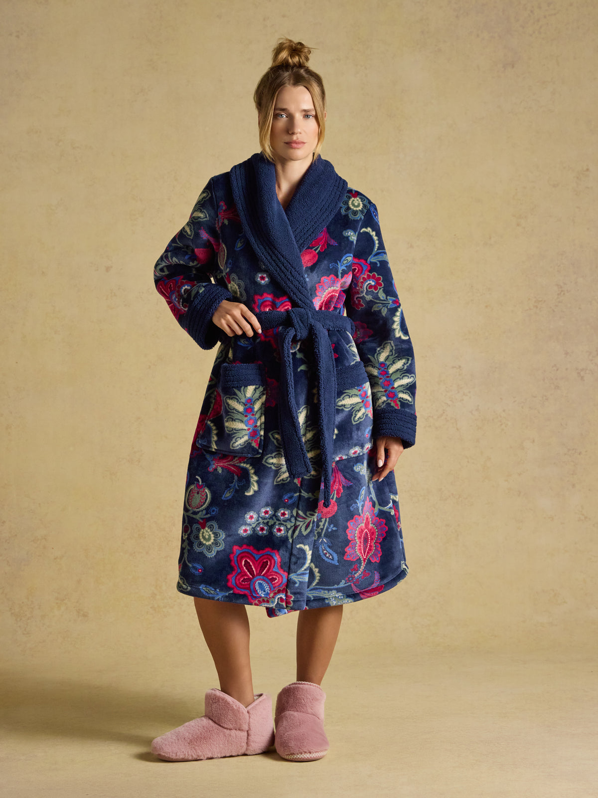 Joules Womens Fleece Dressing Gown with fluffy shawl collar and belt tie