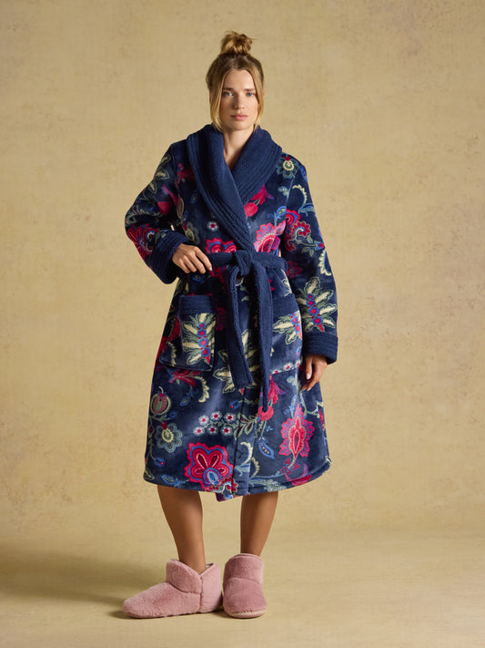 Joules Womens Fleece Dressing Gown with fluffy shawl collar and belt tie