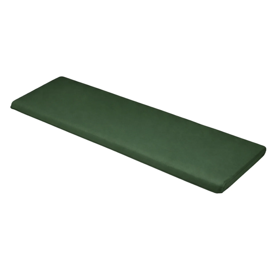 Glendale SP Range green 3 seater garden bench cushion with premium single piped edge on a large outdoor wooden bench.