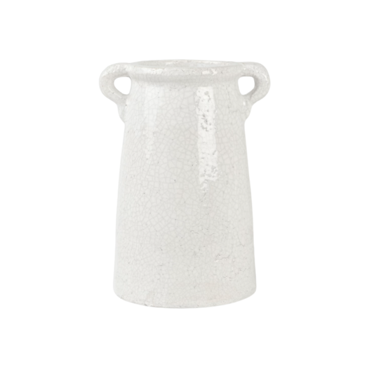 Garden Trading Ravello vase in stoneware white ceramic with crackle glaze and side handles holding green foliage