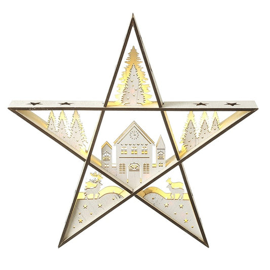 Heaven Sends - White Wooden Led Winter Scene Star