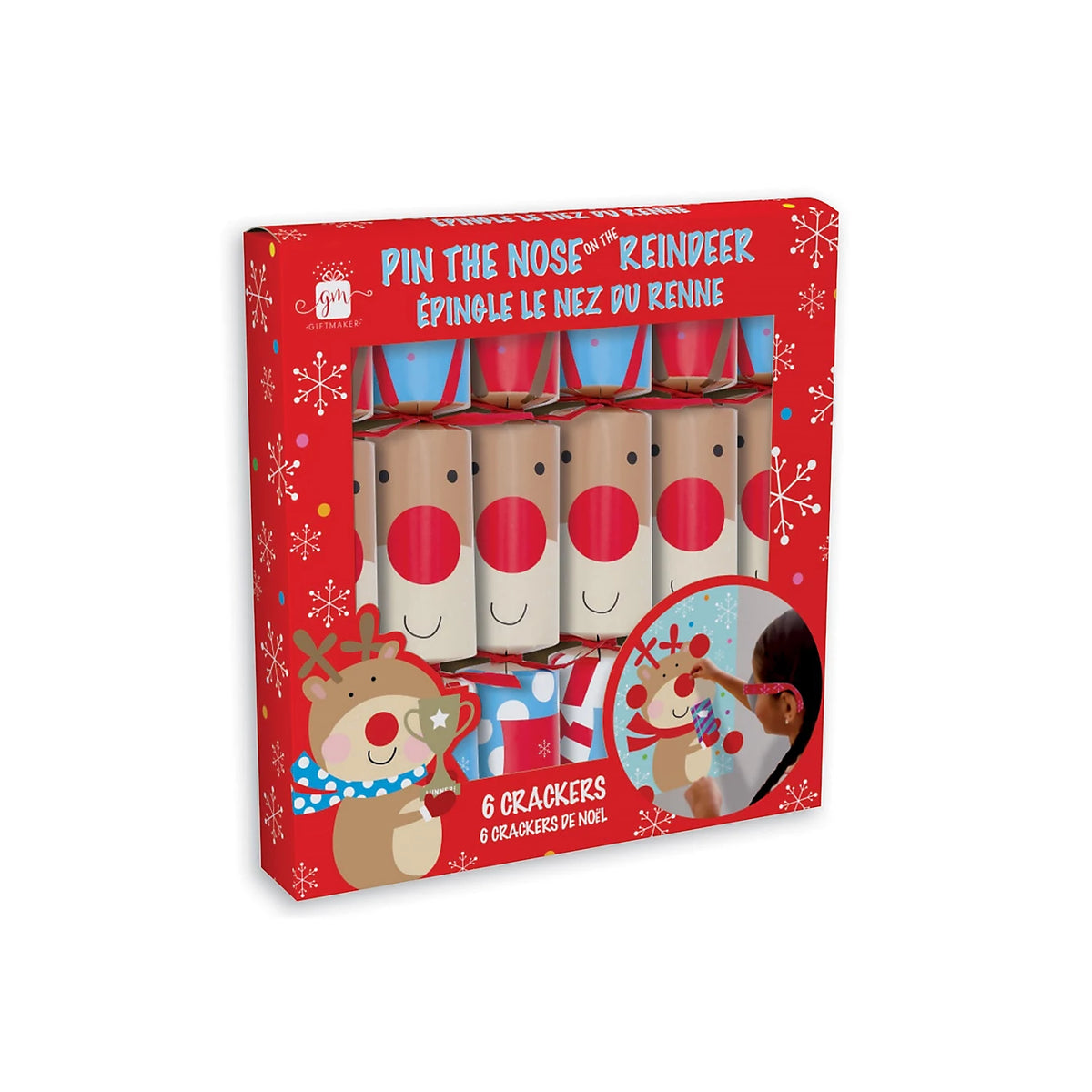 Giftmaker pack of 6 12 inch novelty game Christmas dinner crackers with Pin the Nose on the Reindeer game.