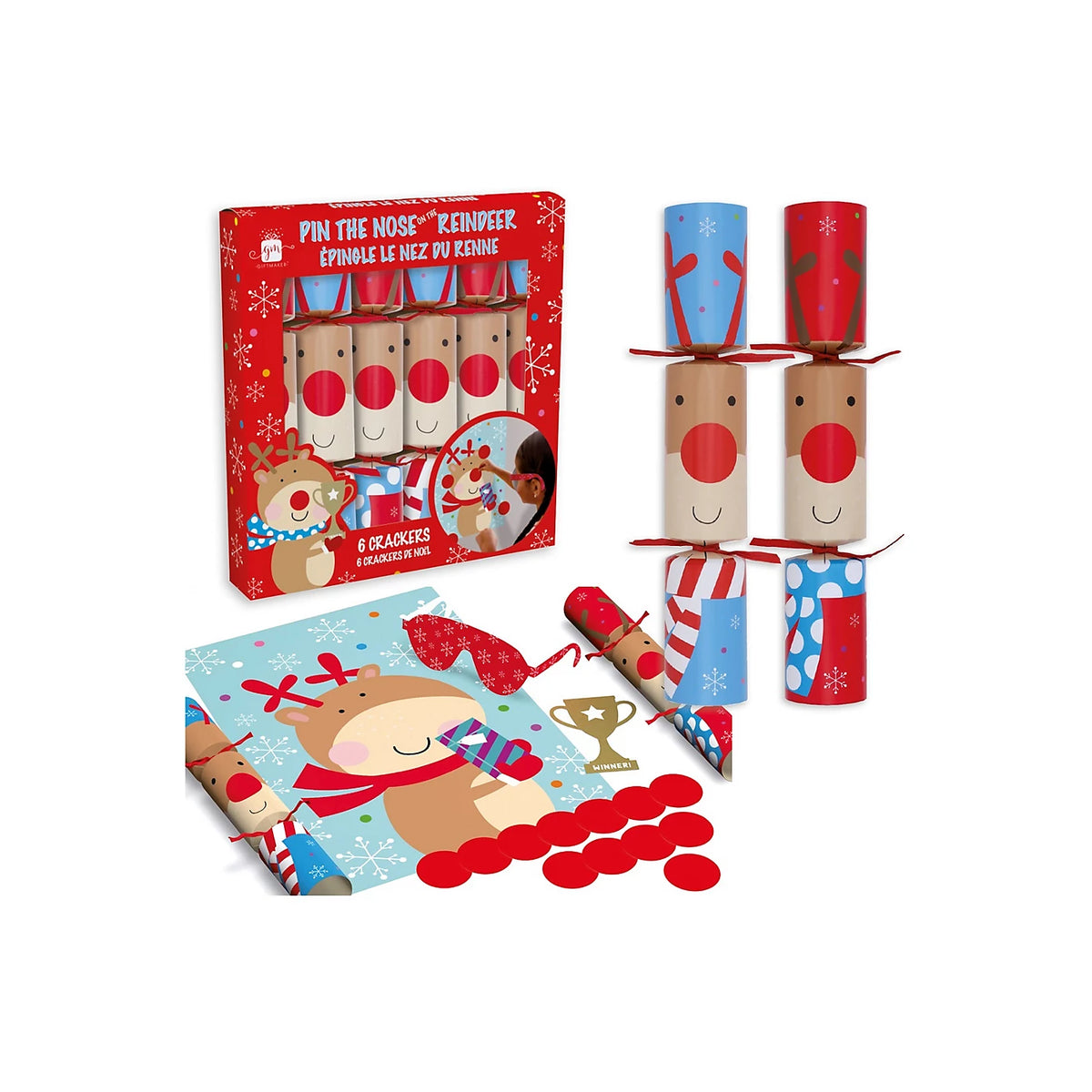 Giftmaker pack of 6 12 inch novelty game Christmas dinner crackers with Pin the Nose on the Reindeer game.