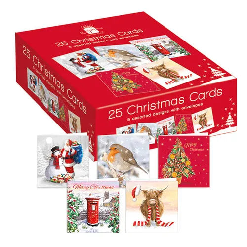 Giftmaker bumper box of 25 Christmas cards showing five assorted festive designs and matching envelopes.