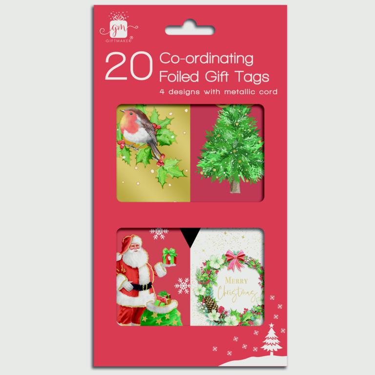 Giftmaker pack of 20 elegant traditional foiled gift tags featuring robin, Christmas tree, Santa, and wreath designs.