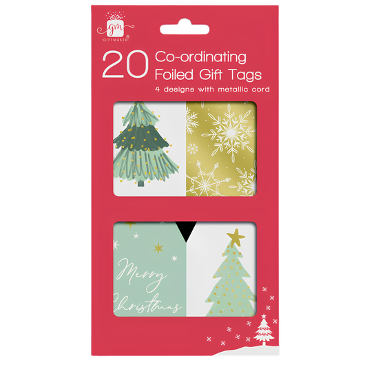 Giftmaker pack of 20 green Christmas tree and gold foiled gift tags with metallic hanging cords.