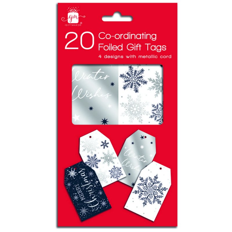 Giftmaker pack of 20 midnight blue and silver foiled Christmas gift tags with snowflake designs and metallic cord.
