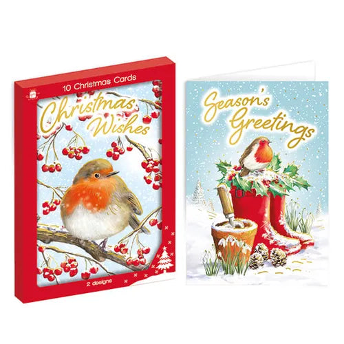 Giftmaker pack of 10 portrait Christmas cards featuring traditional robin designs and festive greetings.