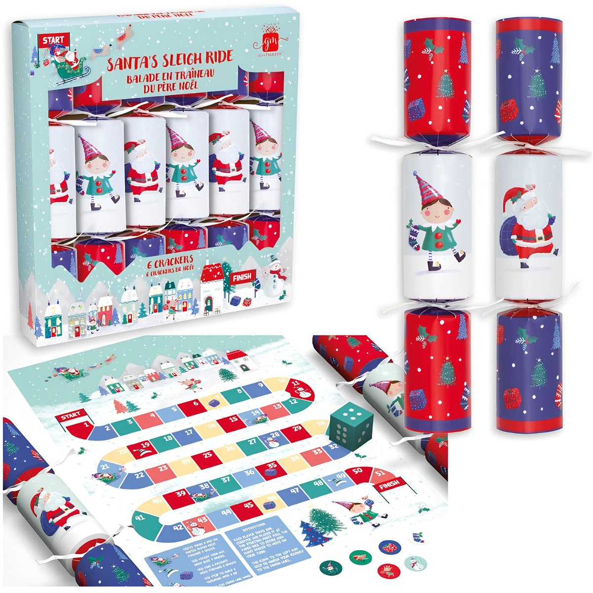 Giftmaker pack of 6 8-inch Santa's Sleigh Ride Christmas crackers featuring board game mat, dice, and tokens.