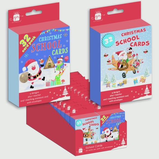 Giftmaker pack of 32 Christmas school cards featuring festive Santa designs, teacher card, and teaching assistant card.