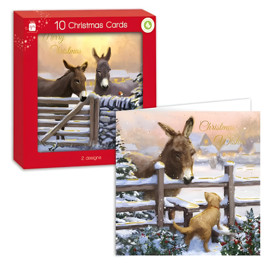 Giftmaker pack of 10 square donkey Christmas cards featuring winter countryside scenes and festive greetings.