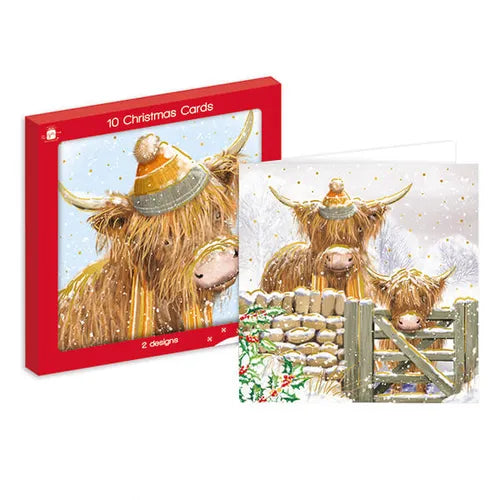 Giftmaker pack of 10 square Highland cow Christmas cards with envelopes and festive designs.