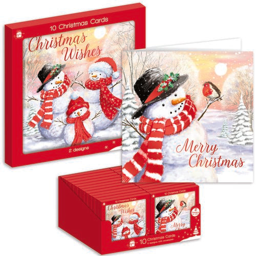 Giftmaker 10 inch boxed square Christmas cards pack of 10 featuring family snowman illustrations and robins.