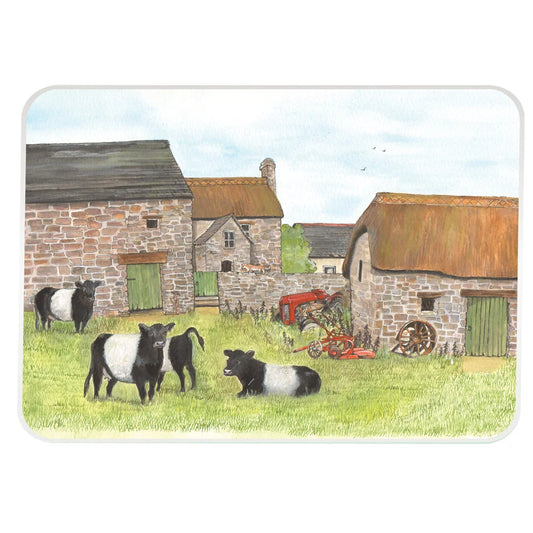 Tuftop medium glass worktop saver featuring Sue Podbury illustration of Belted Galloway cows on a Dartmoor farm.