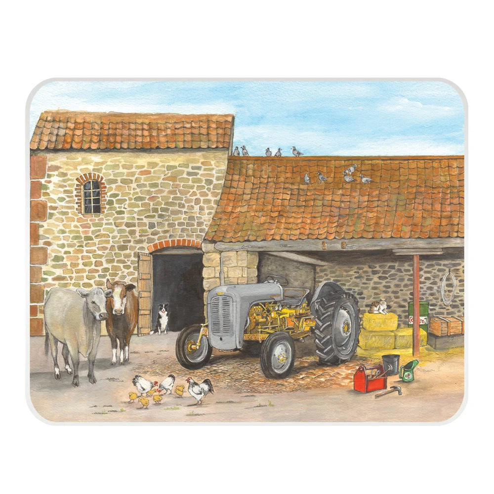 Tuftop glass worktop protector featuring Sue Podbery illustration of a grey and gold Ferguson FE35 tractor on a farmyard.