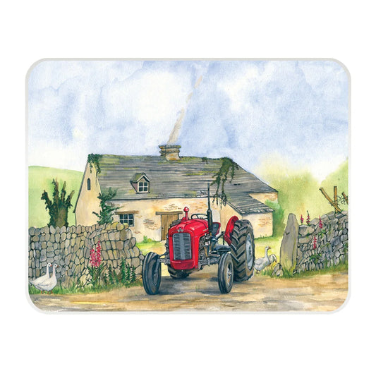 Tuftop glass worktop protector featuring Sue Podbery illustration of a red Ferguson tractor outside a stone cottage.