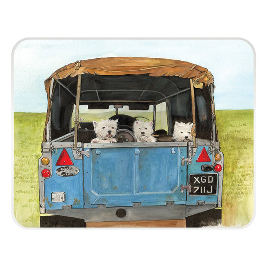 Tuftop glass worktop protector featuring Sue Podbery illustration of three West Highland White Terriers in a blue Land Rover