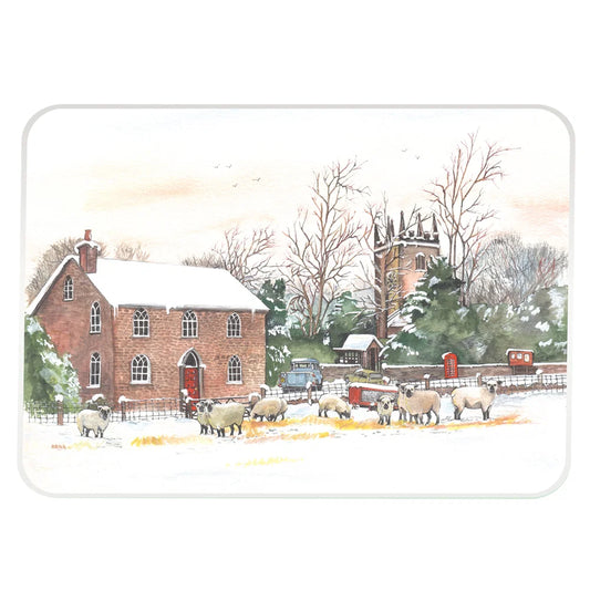 Tuftop glass worktop protector featuring Sue Podbury illustration of sheep in a snow-covered country village scene.