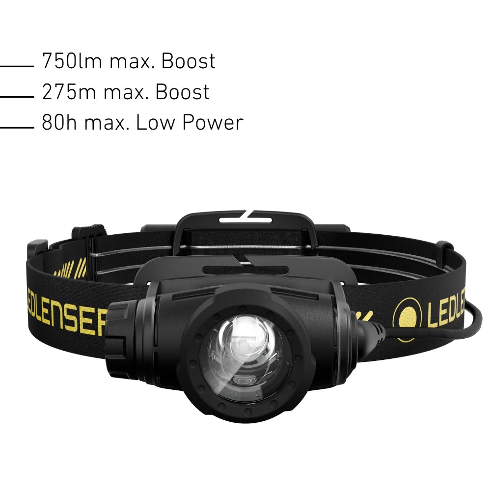 Ledlenser H5R Core rechargeable head torch with adjustable headband and tiltable lamp head