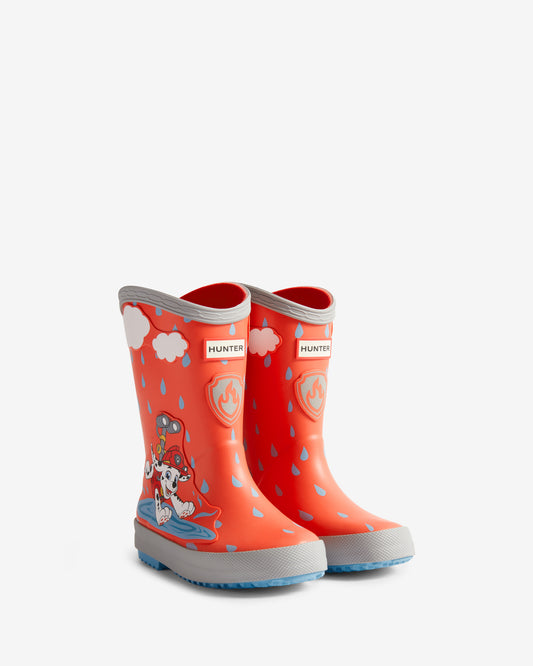 Hunter Original Kids First Paw Patrol Grab-Handle Wellington Boots in Poppy Red featuring a Marshall the pup graphic and a grey textured grip sole.